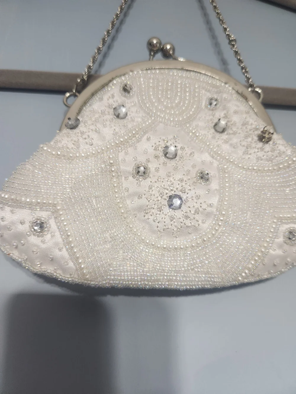 Vintage La Regale Purse White Beaded Evening Clutch, Chain Strap, Kiss Lock